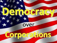 Image of an American flag reading Democracy Over Corporations
